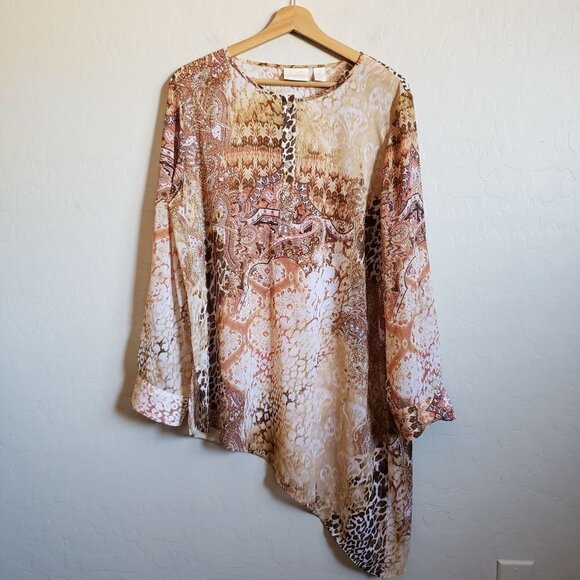 Chico's Sheer Animal Fusion Ali Popover Top Mixed Print Asymmetrical Hem Boho L - Picture 1 of 12